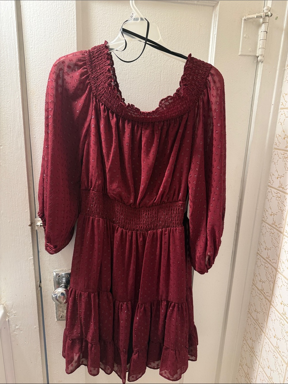 Smocked Waist Burgundy Long Sleeve Tiered Dress